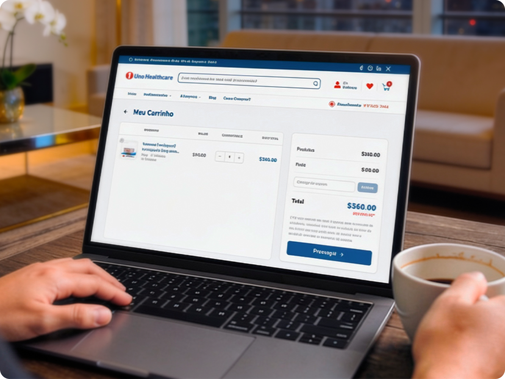 Notebook exibindo checkout de pagamento da Uno Healthcare.